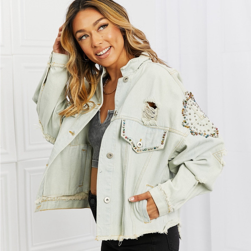 POL bead it up beaded denim jacket size small